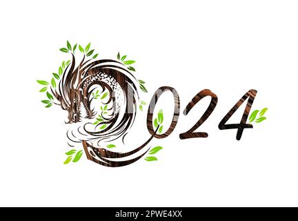 Symbole du Dragon vert du nouvel an chinois 2024 heureux. Symbole de 2024. Dragon vert en bois. Carte de vœux à illustration vectorielle. Signe du zodiaque, Illustration de Vecteur