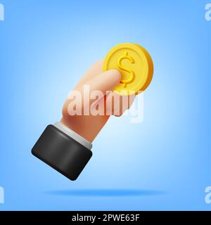 3D pièce d'or avec affiche de dollar en main Illustration de Vecteur