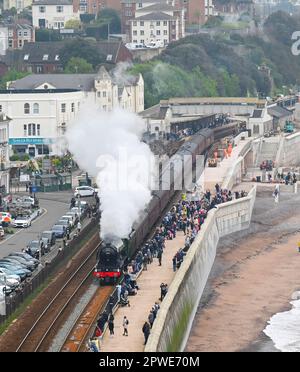 Dawlish, Devon, Royaume-Uni. 30th avril 2023. Les passionnés de vapeur bordent le mur de mer comme no.60103. Les Flying Scotsman se dispute à Dawlish, dans le Devon, en direction de Plymouth, sur le chemin de Cornwall, lors des célèbres festivités du centenaire des locomotives à vapeur. Crédit photo : Graham Hunt/Alamy Live News Banque D'Images