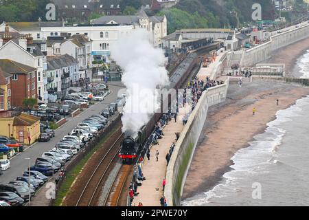 Dawlish, Devon, Royaume-Uni. 30th avril 2023. Les passionnés de vapeur bordent le mur de mer comme no.60103. Les Flying Scotsman se dispute à Dawlish, dans le Devon, en direction de Plymouth, sur le chemin de Cornwall, lors des célèbres festivités du centenaire des locomotives à vapeur. Crédit photo : Graham Hunt/Alamy Live News Banque D'Images