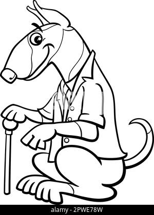 Dessin animé noir et blanc de drôle Bull Terrier personnage animal de chien de race dans un costume avec une page de couleur de canne Illustration de Vecteur