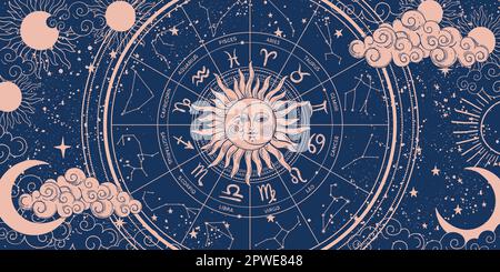 Roue de zodiaque sur fond bleu avec lune et soleil, bannière d'astrologie avec 12 signes de zodiaque. Modèle de vecteur d'horoscope mystique, univers ésotérique magique Illustration de Vecteur