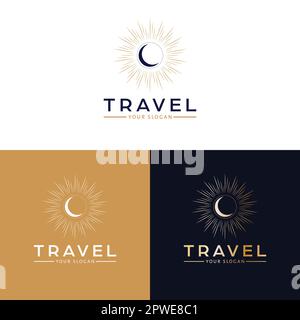 Logo de vecteur de voyage. Logotype bohémien de lune et de soleil. Modèle de logo Crescent and raies. Illustration de Vecteur