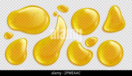 Ensemble de gouttelettes à vecteur d'huile d'argan jaune ou miel d'or. Coloration de gouttes de sérum jaune réaliste isolée de 3D avec vue de dessus de bulle. Illustration de la flaque de liquide cosmétique kératine sur fond transparent. Illustration de Vecteur