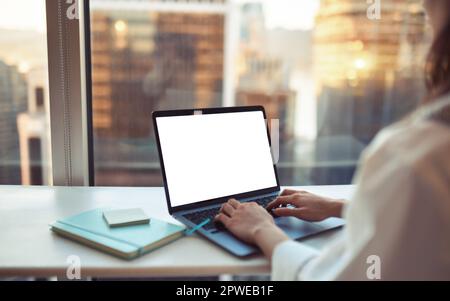 Femme d'affaires travaillant sur un ordinateur portable au bureau. Écran maquette blanc Banque D'Images