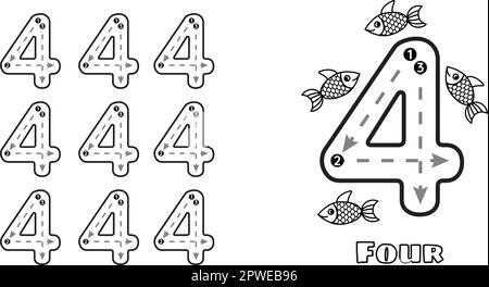 Numéro quatre de la feuille de travail de pratique de trace pour les enfants prek et les tout-petits. Illustration vectorielle de tracé de maternelle d'écriture Illustration de Vecteur