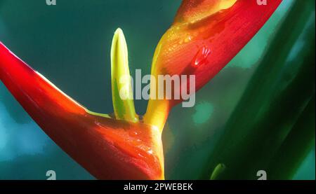 Vue imprenable sur Heliconia psittacorum (perroquet beak) et déperopée d'eau sur les fleurs tropicales d'Amérique latine dans le jardin botanique de Barcelone. BEA Banque D'Images