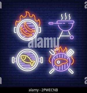 Équipement pour barbecue, saucisses, poisson, steak sur le barbecue, jeux de panneaux de néon Illustration de Vecteur