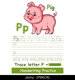 Lettre de trace d'alphabet P écriture vocabulaire pratique feuille de travail, mignon petit cochon. Tâche de formation d'écriture, apprendre ABC. Vecteur animal de la ferme porcine de porc Illustration de Vecteur