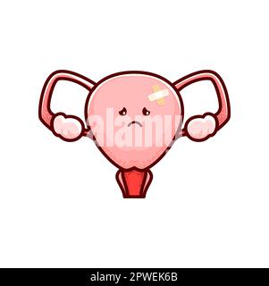 Utérus organe malade, personnage de dessin animé pour la santé et l'anatomie de la femme, vecteur ovaire. Menstruation ou maladie du système reproducteur féminin, utérus triste avec moi Illustration de Vecteur