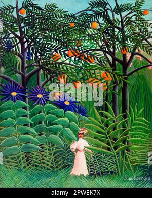 Femme marchant dans une forêt exotique par Henri Rousseau. Original de Barnes Foundation. Banque D'Images