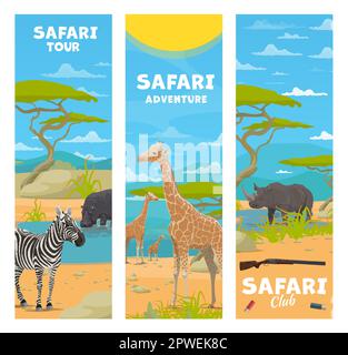 Safari chasse. Caricature d'animaux africains sur fond vectoriel de paysage de savane africaine, arbres et montagnes. Girafes, rhinocéros, hippopotame et zèbre, hunte Illustration de Vecteur