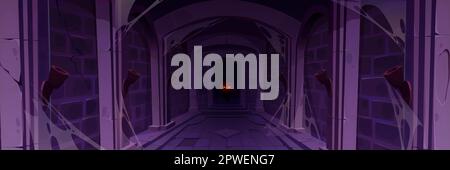 Grotte du château abandonnée pour dessin animé médiéval. Œil de créature phosphorescent dans le couloir. Mur en pierre sombre et sinistre dans le couloir souterrain du donjon du palais. Vue sur la prison de Halloween effrayante et fantasy. Illustration de Vecteur