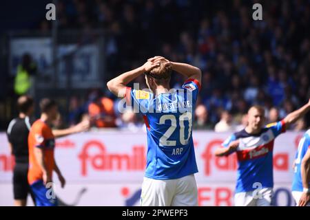 30 avril 2023, Schleswig-Holstein, Kiel: Football: 2nd Bundesliga, Holstein Kiel - Darmstadt 98, Matchday 30, Holstein Stadium. Fiete ARP de Holstein prend la tête après avoir manqué une chance. Photo: Gregor Fischer/dpa - NOTE IMPORTANTE: Conformément aux exigences du DFL Deutsche Fußball Liga et du DFB Deutscher Fußball-Bund, il est interdit d'utiliser ou d'avoir utilisé des photos prises dans le stade et/ou du match sous forme de séquences d'images et/ou de séries de photos de type vidéo. Banque D'Images