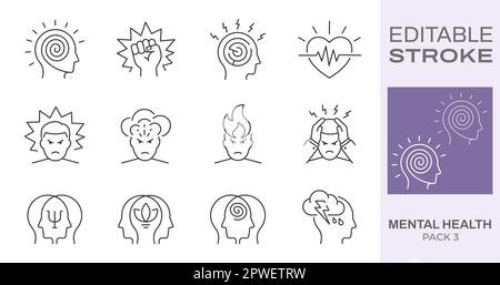 Icônes de santé mentale, comme le stress, la colère, la rage, l'anxiété et plus encore. Contour modifiable. Illustration de Vecteur
