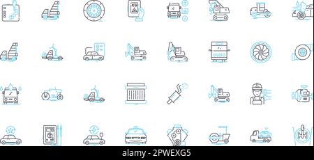 Jeu d'icônes linéaires de l'industrie automobile. Véhicules, automobiles, voitures, camions, autobus, Motocyclettes, véhicules de parc et panneaux de concept. Composants, moteurs Illustration de Vecteur