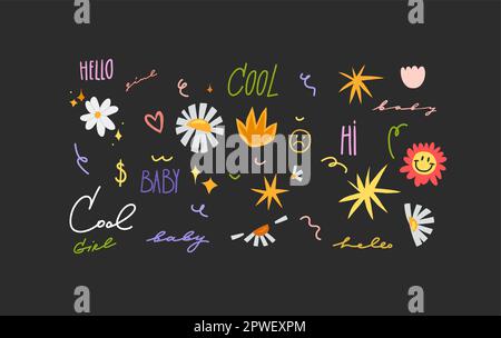 Dessin à la main vecteur résumé simple ensemble minimal de la nature décoration rétro vintage formes et lettering texte isolé.Abstract Doodle autocollants Illustration de Vecteur