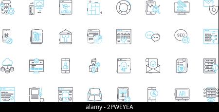 Ensemble d'icônes linéaires de développement de site Web. Codage, conception, optimisation, interface, back-end, Frontend, Debugging line vector et les signes de concept. Cadres Illustration de Vecteur