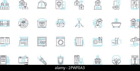 Ensemble d'icônes linéaires de l'industrie hôtelière. Hébergement, services, banquet, boissons, petit déjeuner, Restauration, vecteur de ligne de propreté et panneaux de concept Illustration de Vecteur