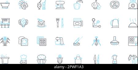 Ensemble d'icônes linéaires de restauration. Cuisine, hors-d'œuvre, service, buffet, plats, Panneaux de réception, de vecteur de ligne Gourmet et de concept. Chef, serveuses, canapés Illustration de Vecteur