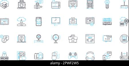 Jeu d'icônes linéaires de pièces d'ordinateur. Carte mère, processeur, carte graphique, RAM, disque dur, SSD, vecteur de ligne d'alimentation et panneaux de concept. Ventilateurs,refroidissement Illustration de Vecteur