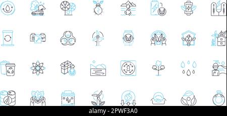 Icônes linéaires de ressources naturelles définies. Minéraux, combustibles fossiles, bois, eau, sol, Air, vecteur de la lignée de biodiversité et signes conceptuels. Renouvelable,non Illustration de Vecteur