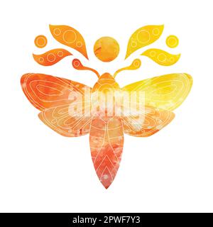 Silhouette vectorielle de l'aquarelle orange sacrée avec lune. Couleur contour coloré papillon clipart. Illustration d'un insecte volant Illustration de Vecteur