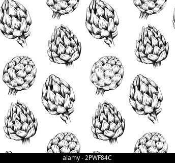 Motif vectoriel monochrome avec un croquis d'artichauts sur fond blanc. Texture avec légumes dessinés à l'éclosion. Arrière-plan avec des aliments sains Illustration de Vecteur