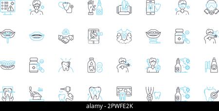 Jeu d'icônes linéaires d'hygiène bucco-dentaire. Dentifrice, brossage, soie dentaire, bain de bouche, dentiste, Plaque, vecteur de la ligne tartar et signes conceptuels. Cavités, gingivite Illustration de Vecteur