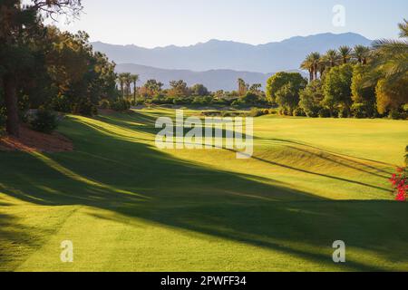 Magnifique lumière dorée sur Indian Wells Golf Resort, un parcours de golf dans le désert à Palm Springs, Californie, États-Unis avec vue sur les montagnes de San Bernardino. Banque D'Images