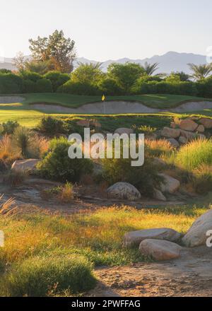 Magnifique lumière dorée sur Indian Wells Golf Resort, un parcours de golf dans le désert à Palm Springs, Californie, États-Unis avec vue sur les montagnes de San Bernardino. Banque D'Images