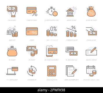 Ensemble d'icônes de ligne de prêt d'argent. Score de crédit, faible intérêt, carte de réduction, pourcentage hypothécaire, illustration de vecteur de taxe minimale. Panneaux de contour simple pour la banque Illustration de Vecteur