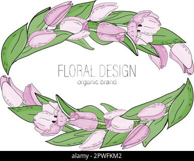 Cadre floral vectoriel dessiné à la main avec des fleurs roses tulipes, branches et feuilles. Modèle de logo élégant. Illustration de Vecteur