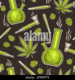 Vecteur Cannabis sans couture motif, répétition de l'arrière-plan avec des illustrations des bourgeons de cannabis à plat, feuille de marijuana, rouleau de papier de mauvaises herbes, gl Illustration de Vecteur