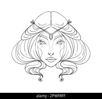 Icône mystique de portrait de femme, visage d'une belle jeune femme, dessin linéaire de main, signe de zodiaque Virgo. Illustration vectorielle isolée sur fond blanc Illustration de Vecteur