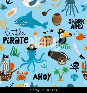 Motif petit pirate - jolie collection d'aventures en mer. Illustrations de Treasure Island avec perroquet, navire, capitaine, pirates, requin, trésor. pira drôle Illustration de Vecteur