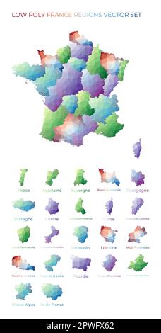 Régions françaises de faible poly. Carte polygonale de France avec régions. Cartes géométriques pour votre conception. Illustration vectorielle nette. Illustration de Vecteur