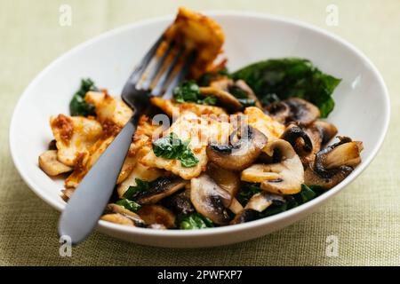 Raviolis végétaliens aux champignons, aux épinards et à la sauce tomate séchée au soleil. Banque D'Images