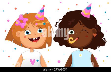 Deux drôle de petites filles souriantes personnages de dessin animé Illustration.heureux mignon enfants dans une fête d'anniversaire.Vector Illustration de Vecteur