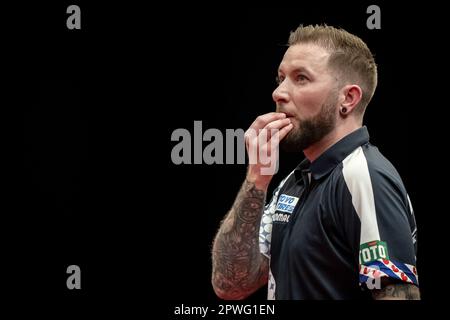 LEEUWARDEN - Danny Noppert pendant les quarts de finale du championnat hollandais de fléchettes 2023 dans le WTC Leeuwarden. Ce tournoi de fléchettes est la sixième tournée européenne organisée par la Professional Darts Corporation (PDC). AP SANDER KING Banque D'Images