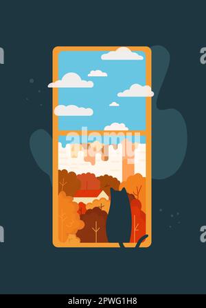 Fenêtre plate, chat assis sur le seuil de la fenêtre, vue d'Autnn, feuilles et nuages orange.Home Comfort.Vector illustration plate Illustration de Vecteur