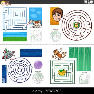Illustration de dessins animés de jeux éducatifs de puzzle de labyrinthe avec des personnages de bande dessinée Illustration de Vecteur