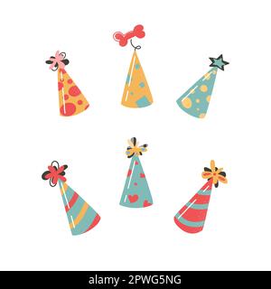 Casquettes de fête pour votre anniversaire. Ensemble d'illustrations vectorielles avec des .cones. Chapeaux mignons avec des buboes. Isolé sur un fond blanc. Illustration de Vecteur