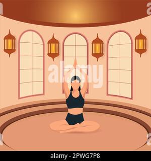 Une fille sans visage fait du yoga dans une salle ronde. Le concept du sport, de la santé mentale. Image vectorielle. Illustration de Vecteur