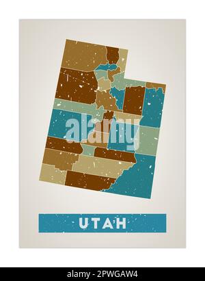 Carte de l'Utah. Affiche d'état DES ÉTATS-UNIS avec les régions. Texture grunge ancienne. Forme de l'Utah avec le nom de l'état américain. Illustration vectorielle élégante. Illustration de Vecteur
