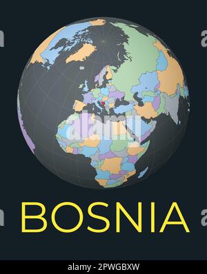 Carte du monde centrée sur la Bosnie. Pays rouge mis en surbrillance. Vue mondiale satellite centrée sur le pays avec le nom. Illustration vectorielle. Illustration de Vecteur