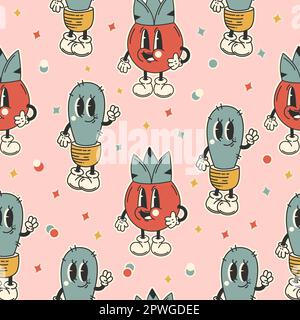 Motif sans couture dans un style rétro très tendance, Y2K avec personnages de dessin animé. Vecteur mignon cactus. illustration plate Illustration de Vecteur
