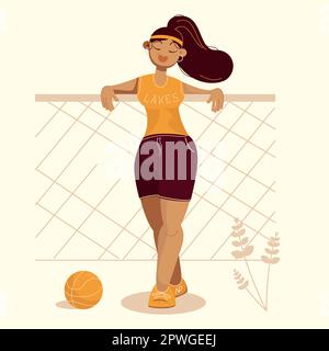 Une jeune fille sportive avec un ballon de basket-ball se tient sur le terrain.illustration vectorielle pour une affiche, imprimé Illustration de Vecteur