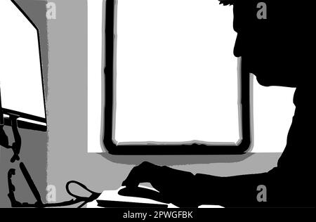 Silhouette d'un pirate travaillant sur un ordinateur dans une pièce sombre Illustration de Vecteur