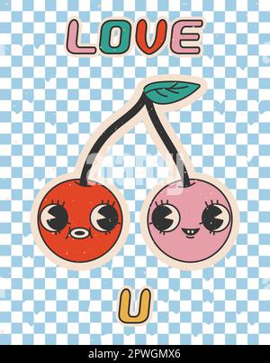 LOVE U style dessin animé rose et rouge icône cerise. Année 2000 nostalgie. Style Y2K. Illustration simple à vecteur linéaire plat Illustration de Vecteur